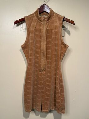 Skims Logo Velour Sleeveless High Neck Short Romper Womens M Beige Camel